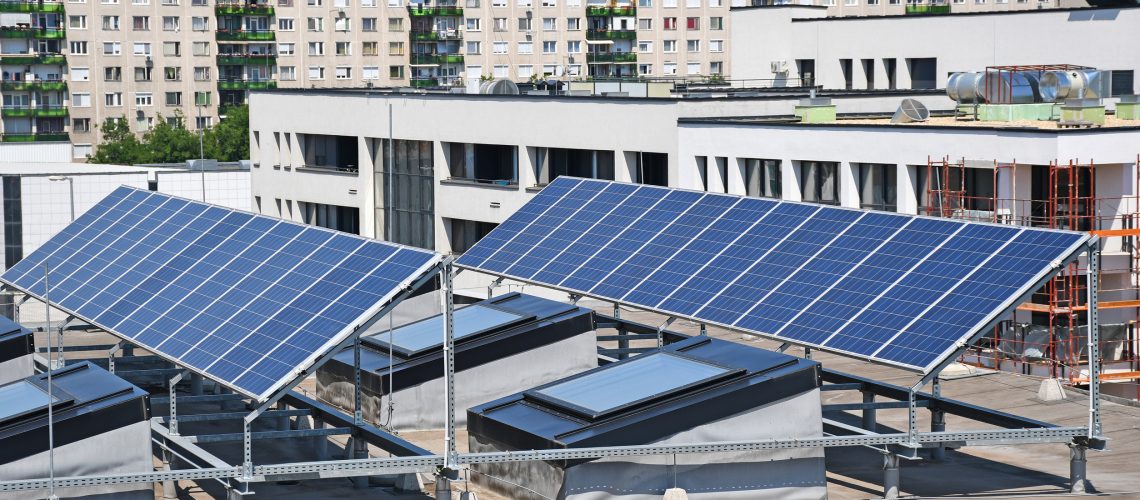 Solar panels on the top of a building