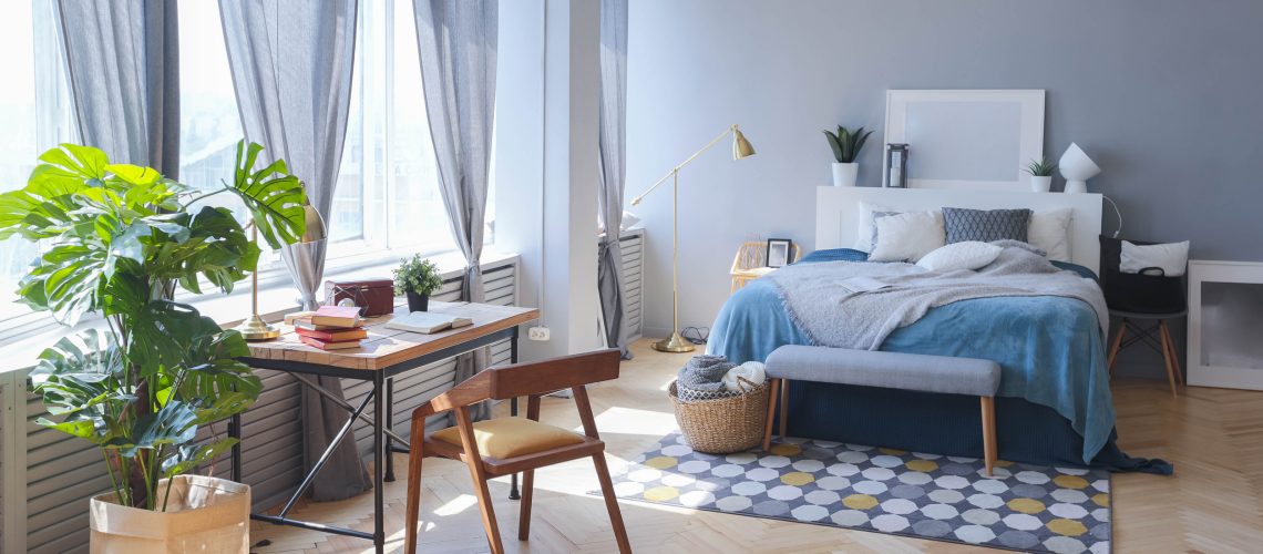 elegant creative modern trendy interior of a spacious open plan Scandinavian style studio with seating and sleeping areas