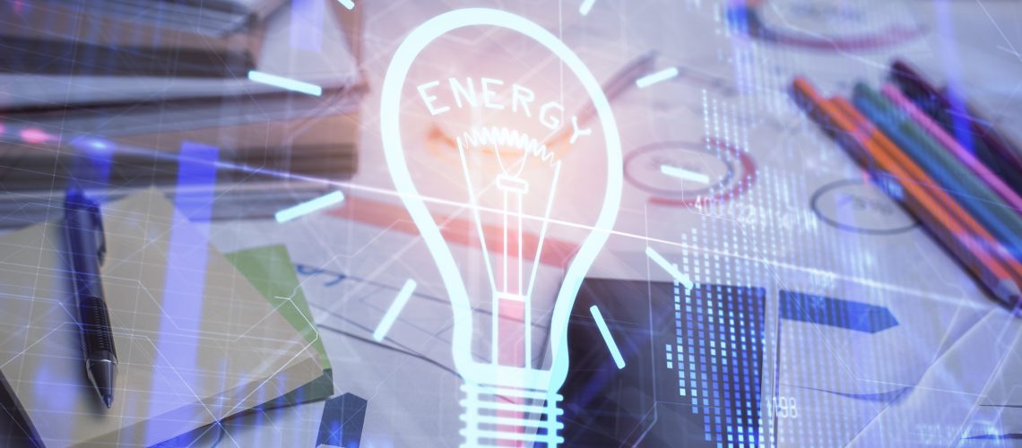 Double exposure of bulb drawing and cell phone background. Concept of idea