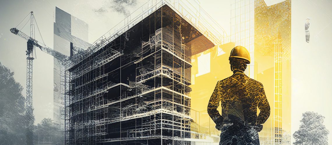 Engineer in hardhat standing on construction site. Engineering and architecture concept. Double exposure generative ai
