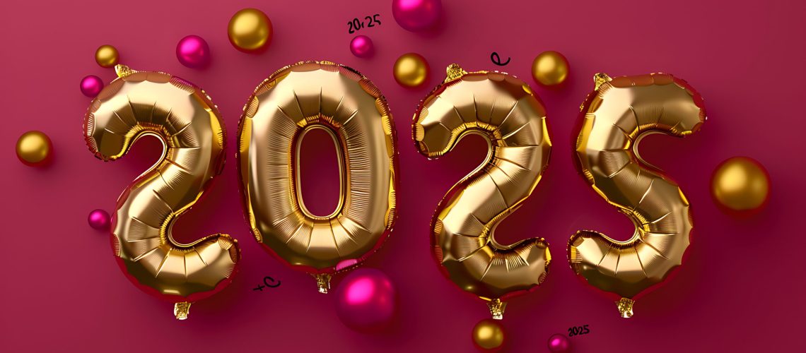 Happy New Year 2023. Gold foil balloon numbers on red background. 3D Rendering