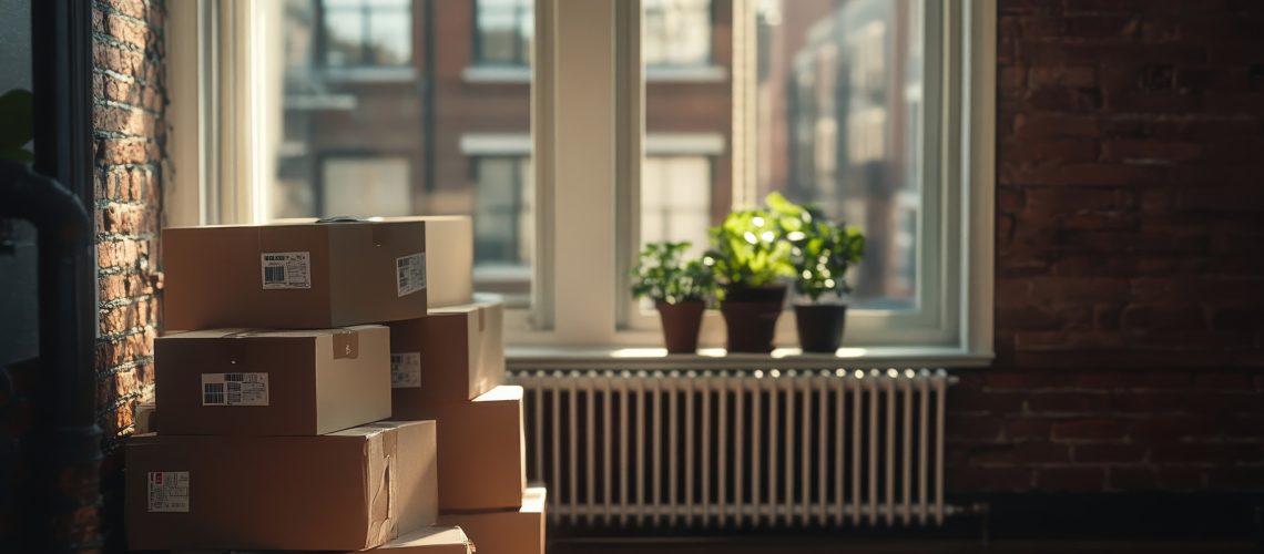 Modern apartment with moving boxes industrial chic design and warm natural lighting