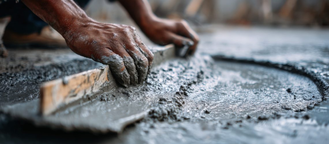 First-person perspective of a worker's hands using a steel float to spread cement on a concrete floor. The image captures the texture and wet sheen of the cement surface.
