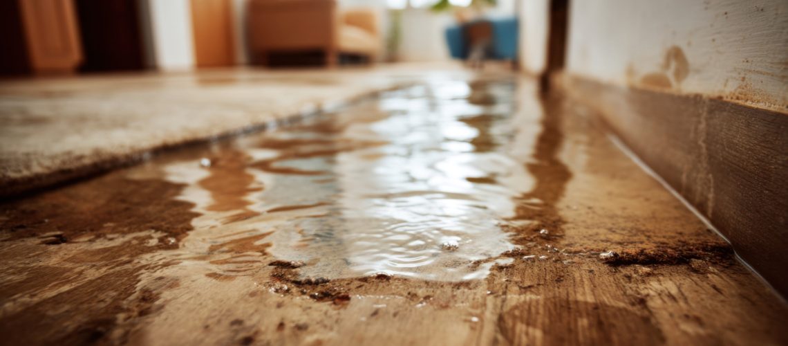 This image depicts significant water damage on a wooden floor in a residential area, showcasing reflections and distress signs in the wood.